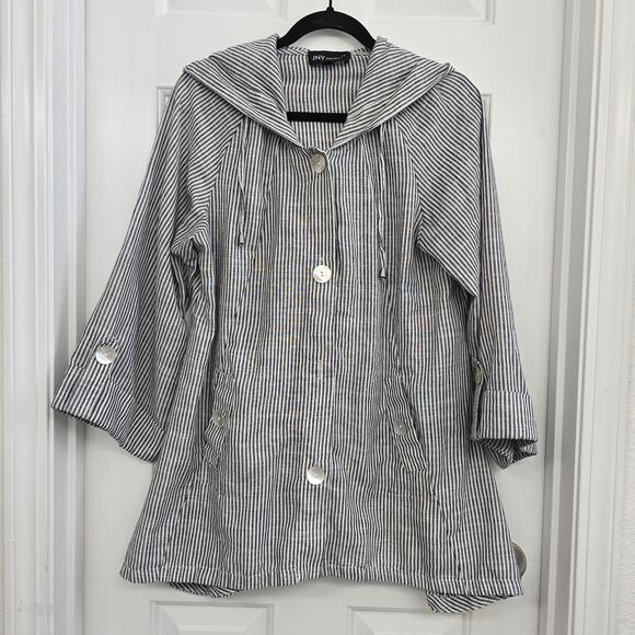 JNY Linen Blend Hooded Tunic Jacket Sz L Black White Striped Coastal Oversized - Picture 1 of 9